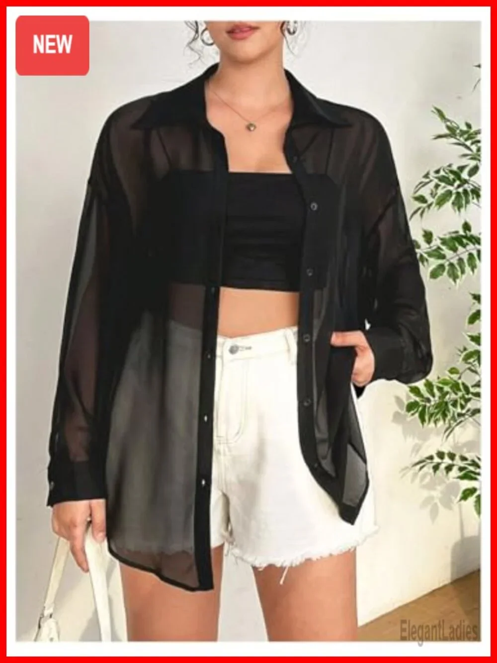 Plus Size Mesh See Through Long Sleeve Button Down Blouse Top